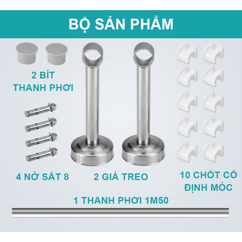 Giàn phơi gắn trần Inox, NIKITA GPGTR, Thanh ngang 1,5m