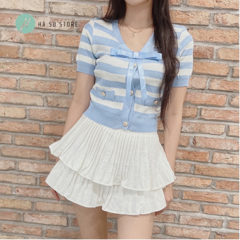 Áo Len Mongtoghi Nữ Kẻ Sọc Ngang Cộc Tay, Ngắn Tay, Cổ V Nơ Đính Ngực