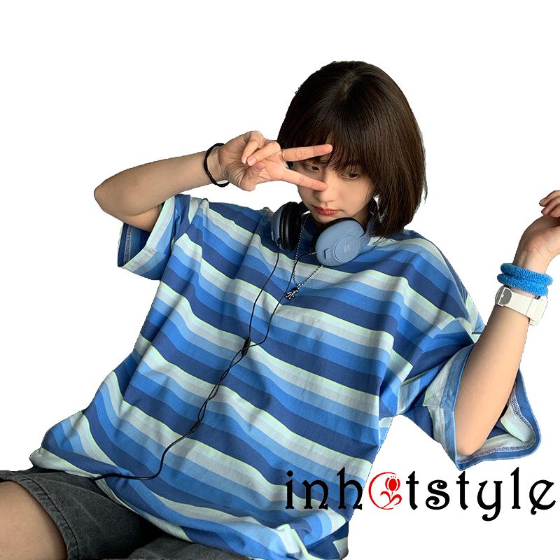 TY-Women Casual Loose Style T-shirt, Blue Stripe Printed Pattern Round Collar Short Sleeve Tops