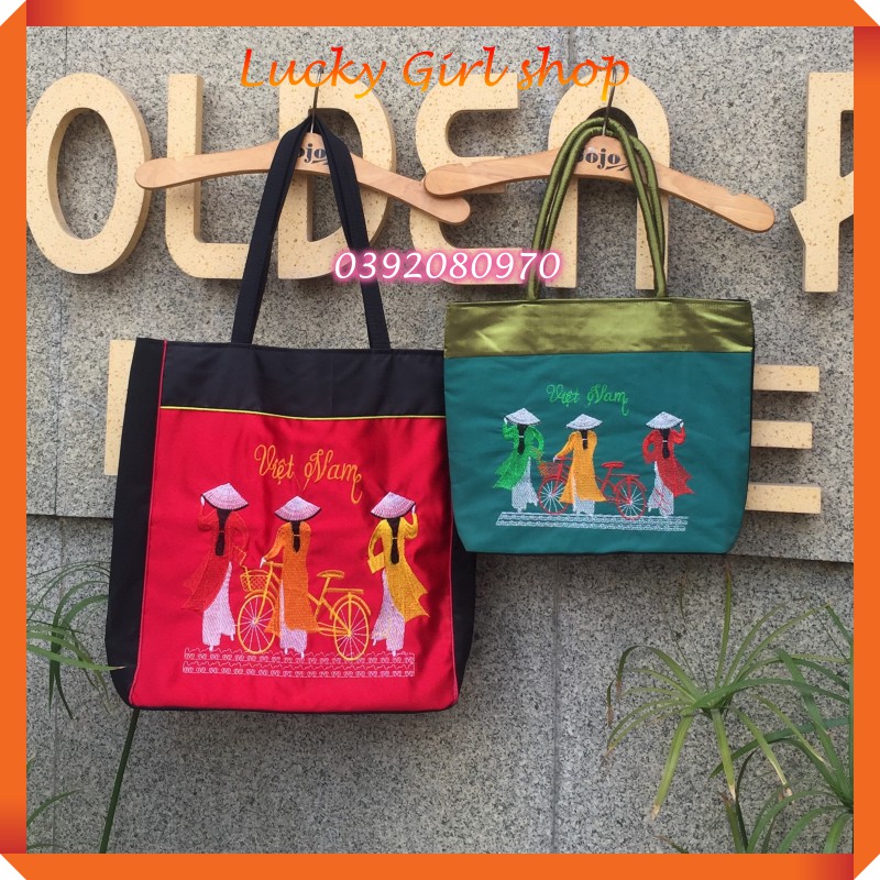Túi Tote Vải Siu/ Lụa Thêu 3 Cô Gái Áo Dài Nón Lá Việt Nam Size Lớn Và Trung - Lucky Girl shop