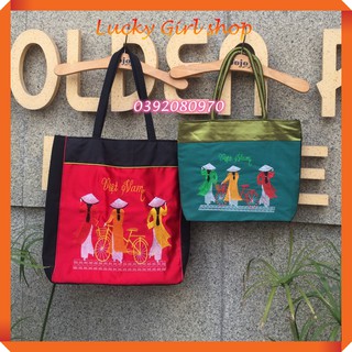 [QUÀ TẶNG BẠN BÈ QUỐC TẾ] Túi Tote Vải Siu/ Lụa Thêu 3 Cô Gái Áo Dài Nón Lá Việt Nam Size Lớn Và Trung - Lucky Girl shop
