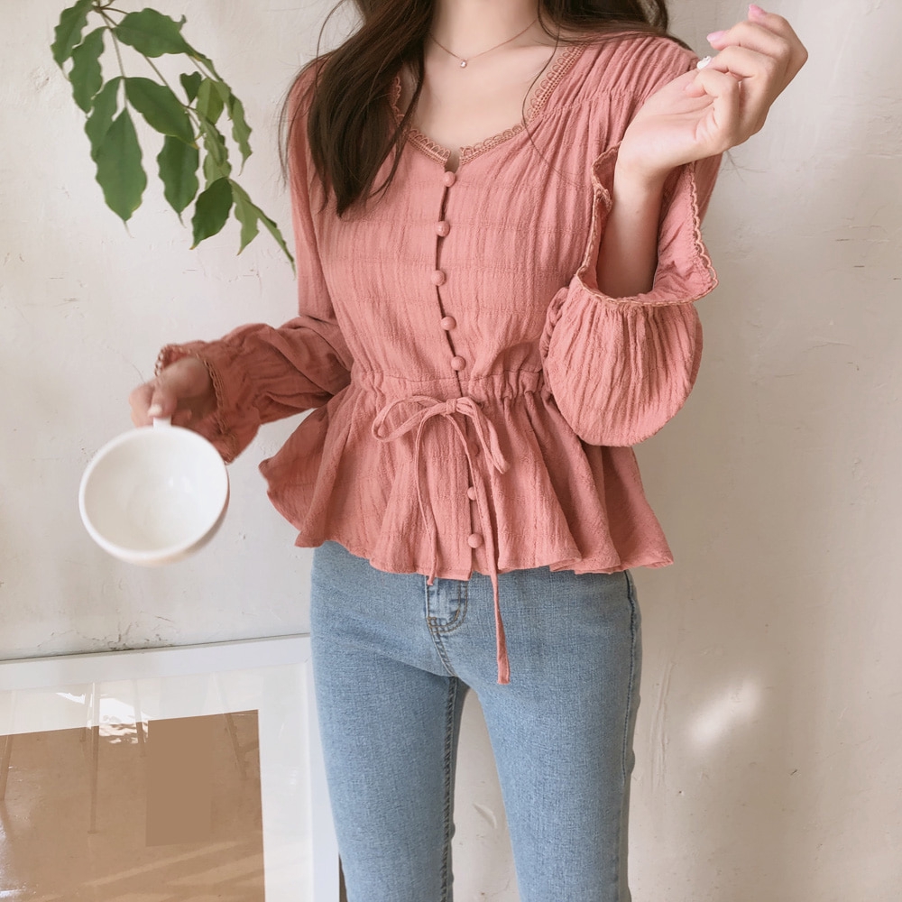 30449 Áo sơ mi trơn màu kiểu cổ chữ V thời trang thanh lịch cho nữ