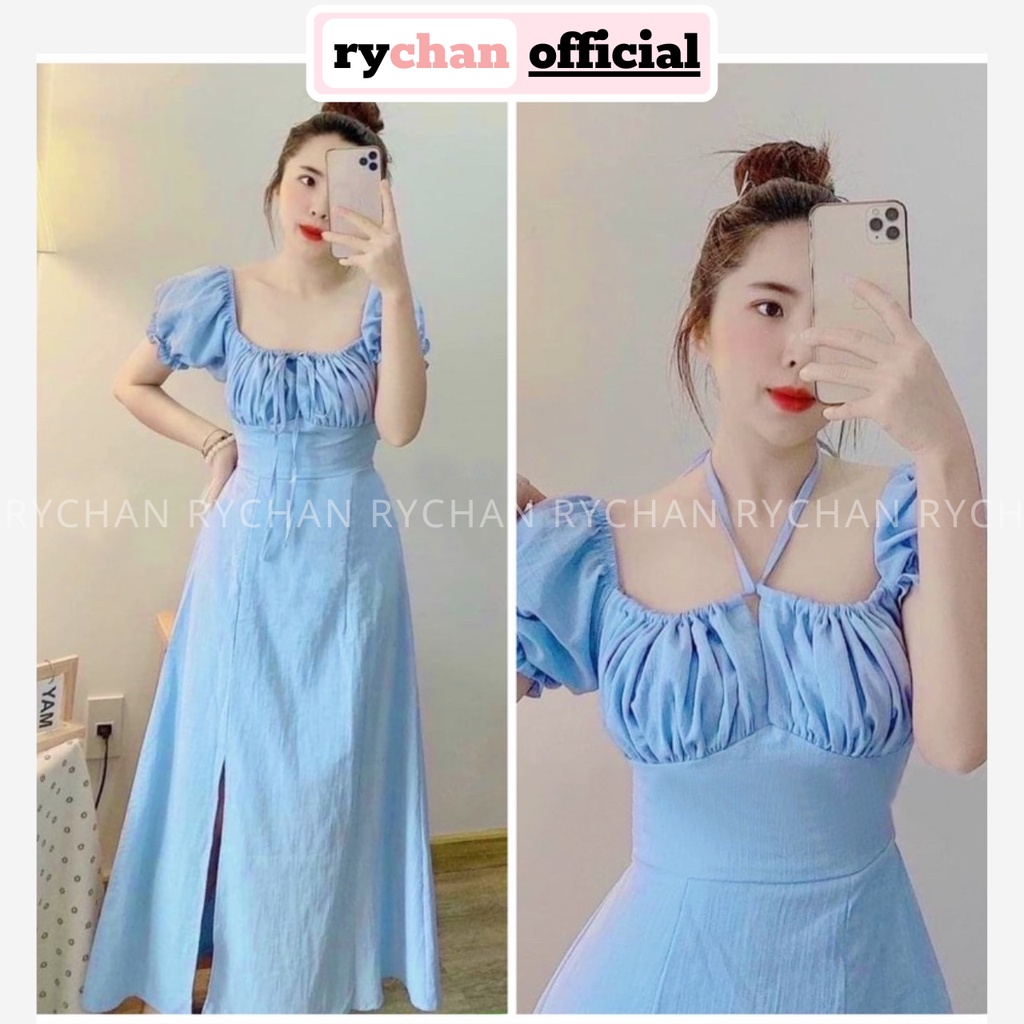 Đầm Du Lịch Biển Nữ Dáng Dài Mặc Được 2 Kiểu Cổ Vuông Tay Phồng Nhún Ngực Sang Trọng Màu Xanh [ẢNH THẬT CUỐI] - DX9924