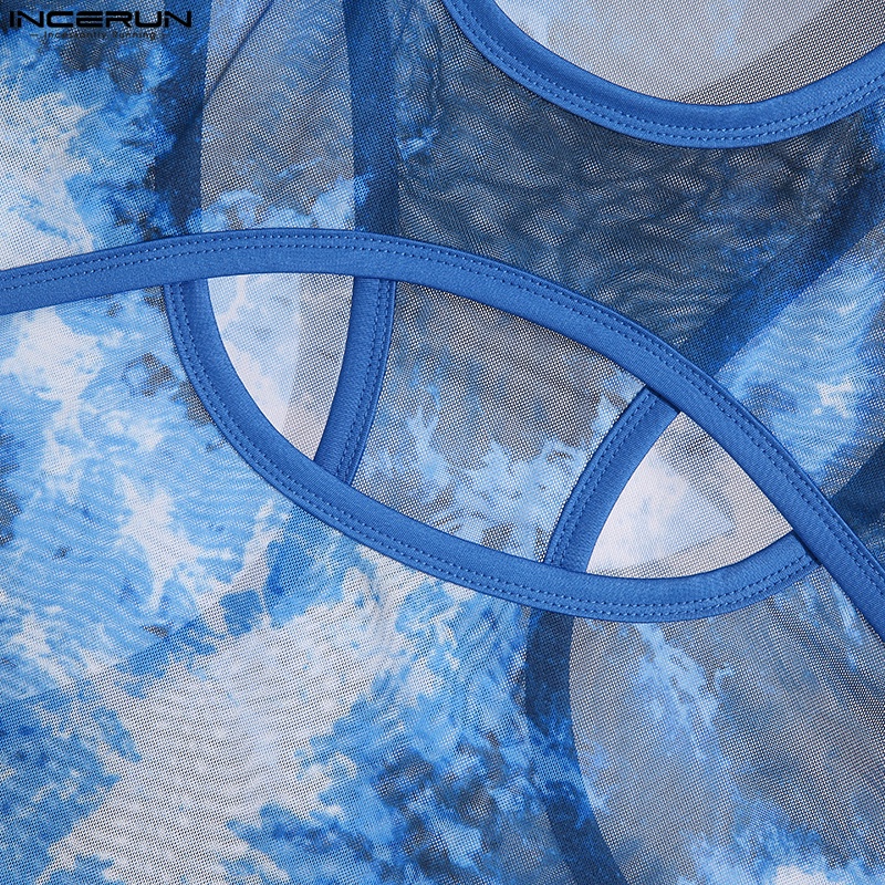 INCERUN Áo Thun Tay Ngắn Dáng Ôm Màu Xanh Xuyên Thấu Thời Trang Cho Nam