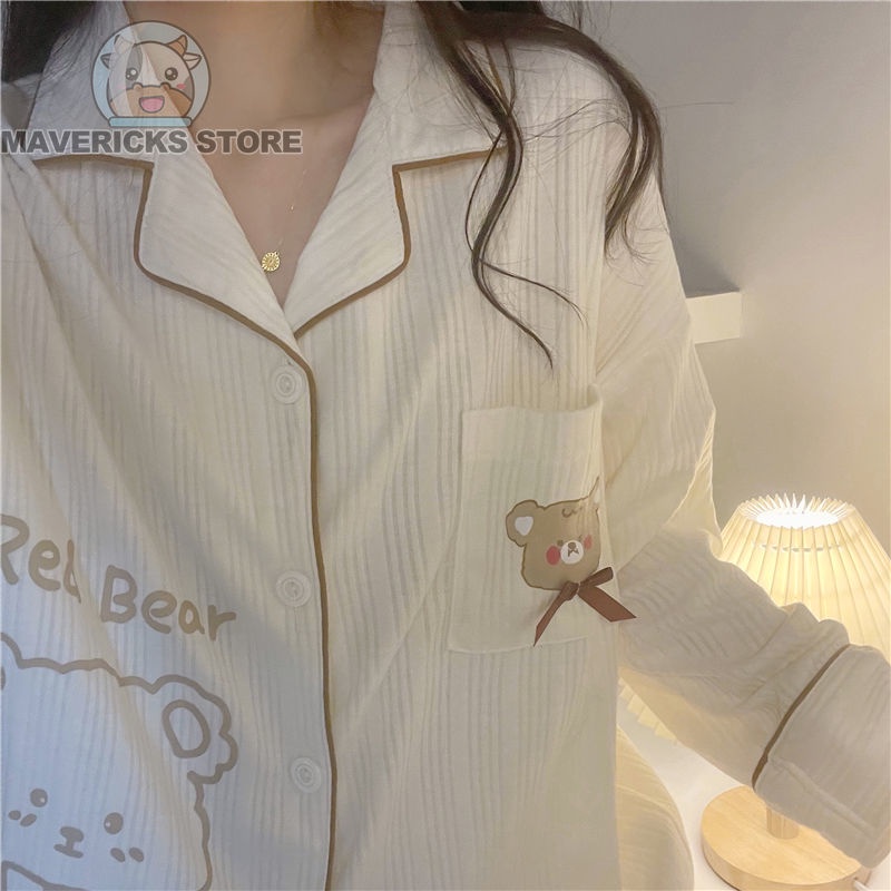 Bộ Đồ Ngủ Tay Dài In Hình Gấu Dễ Thương Phong Cách Hàn Quốc Cho Nữ