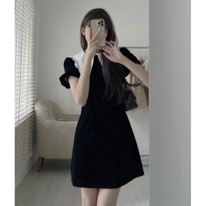 Váy nhung đen cổ pha trắng chiết eo tay bồng bo chun tiểu thư ulzzang Hàn Quốc 2578