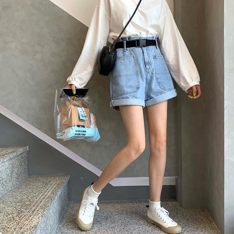 Quần Short Jean Nữ 2 Túi Bigtoe Ống Rộng Gập Gấu Lưng Cao Màu Xanh Nhạt - 513 | BigBuy360 - bigbuy360.vn