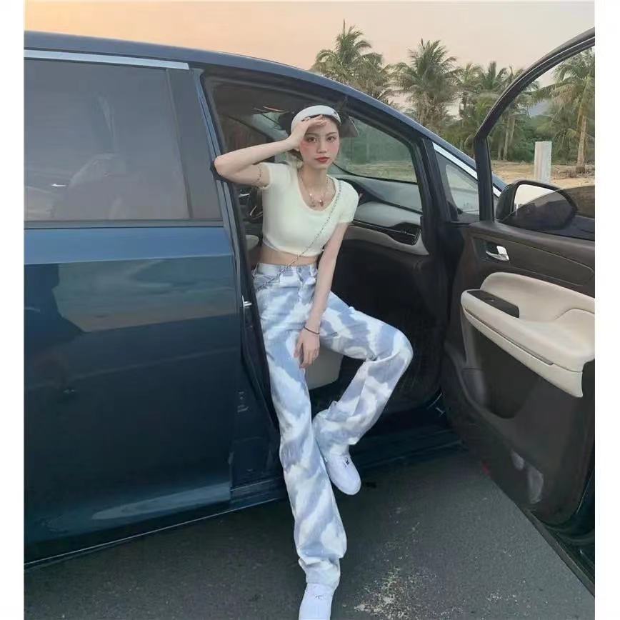 Jiashucheng Hàng Có Sẵn Quần Jean Dáng Suông Rộng Màu Nhuộm Phong Cách Bốn Mùa Cho Nữ Giới Có Size Lớn