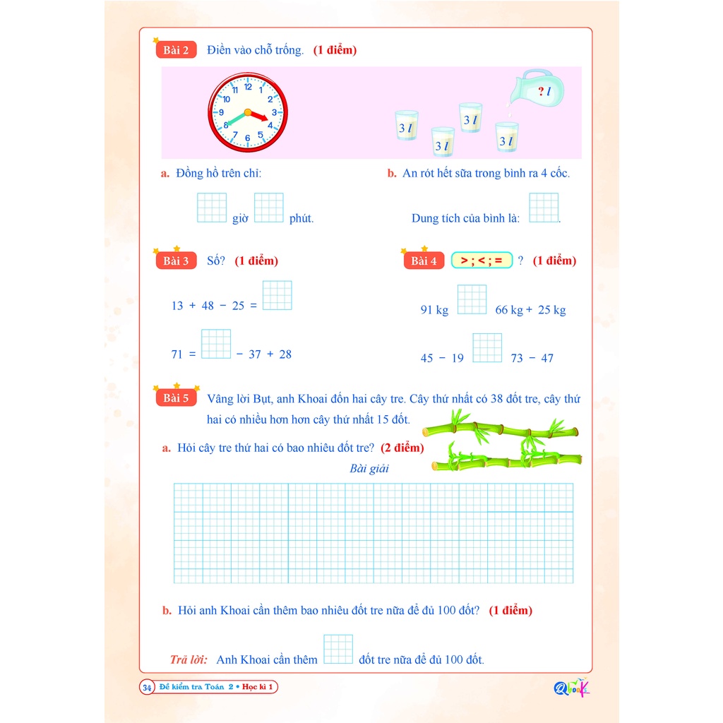 Sách Đề kiểm tra toán lớp 2 học kì 1 QBOOKS   Hải Anh Books