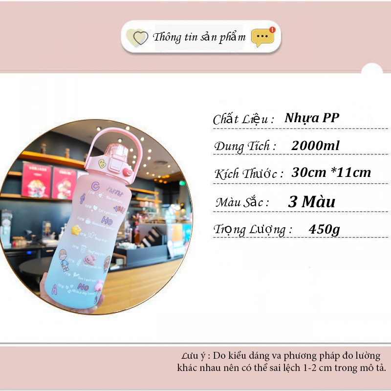 Bình uống nước 2 lít siêu cute dễ thương có vạch chia nhắc nhỏ uống nước bình nước thể thao có ống hút B12