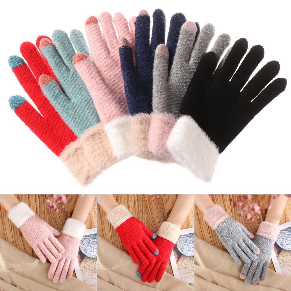 Găng Tay Dệt Kim Phối Lông Mềm Co Giãn Tốt Thời Trang Mùa Đông Cá Tính