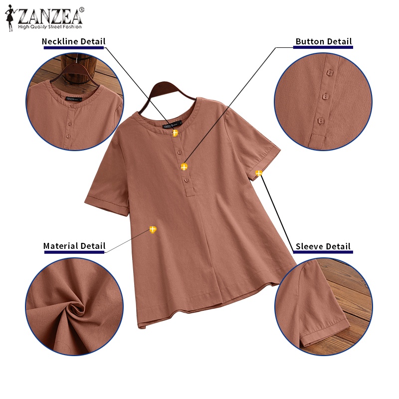 Zanzea Áo Sơ Mi Tay Ngắn Cổ Tròn Màu Trơn Thời Trang Dành Cho Nữ