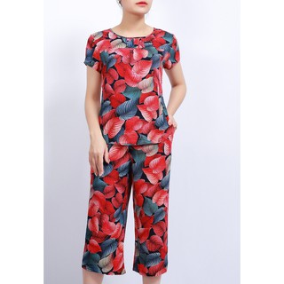 Bộ mặc nhà trung niên lanh (tole nhung) Vicci BGS.082.13 quần sớ áo cộc tay, họa tiết lá đỏ