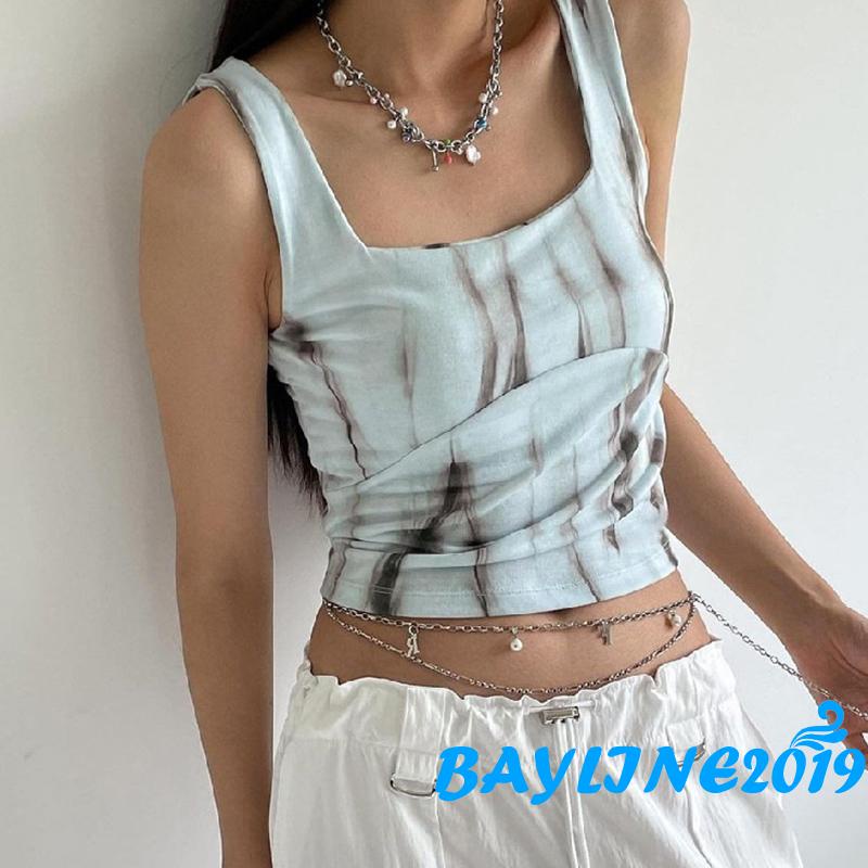 Áo Tank Top Sát Nách Cổ Vuông In Họa Tiết Mực In Phong Cách Đường Phố Thời Trang Mùa Hè Cho Nữ