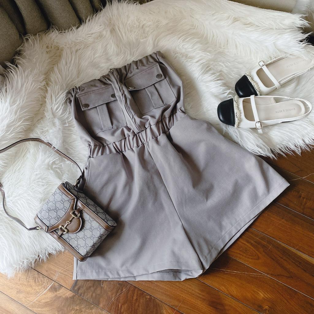JUMPSUIT XÁM ỐNG BO CHUN TÚI NẮP SHORT ĐÙI