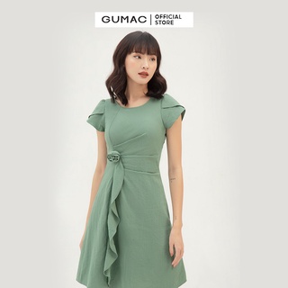 Đầm xòe nữ xếp eo phối hoa GUMAC màu xanh trơn, đủ size DB318