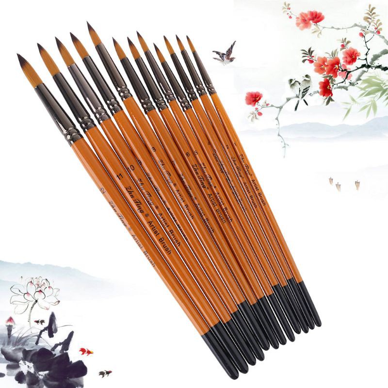 Bộ 12 Cọ Vẽ Màu Nước Acrylic Gouache Loại Tốt Chuyên Nghiệp Sợi Nylon