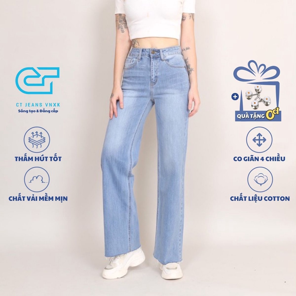 Quần jean nữ ống rộng cạp cao co giãn gấu tự do gấu dáng dài CT JEANS