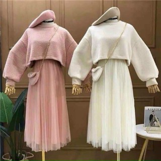 (2 màu) Set áo váy áo len croptop dài tay mix váy ren nhiều lớp NTN