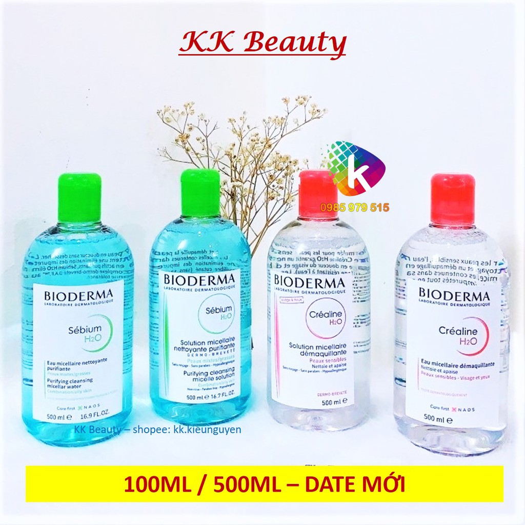 Nước Tẩy Trang Bioderma H2O 500ml Créaline Hồng, Sébium Xanh - Nội địa Pháp