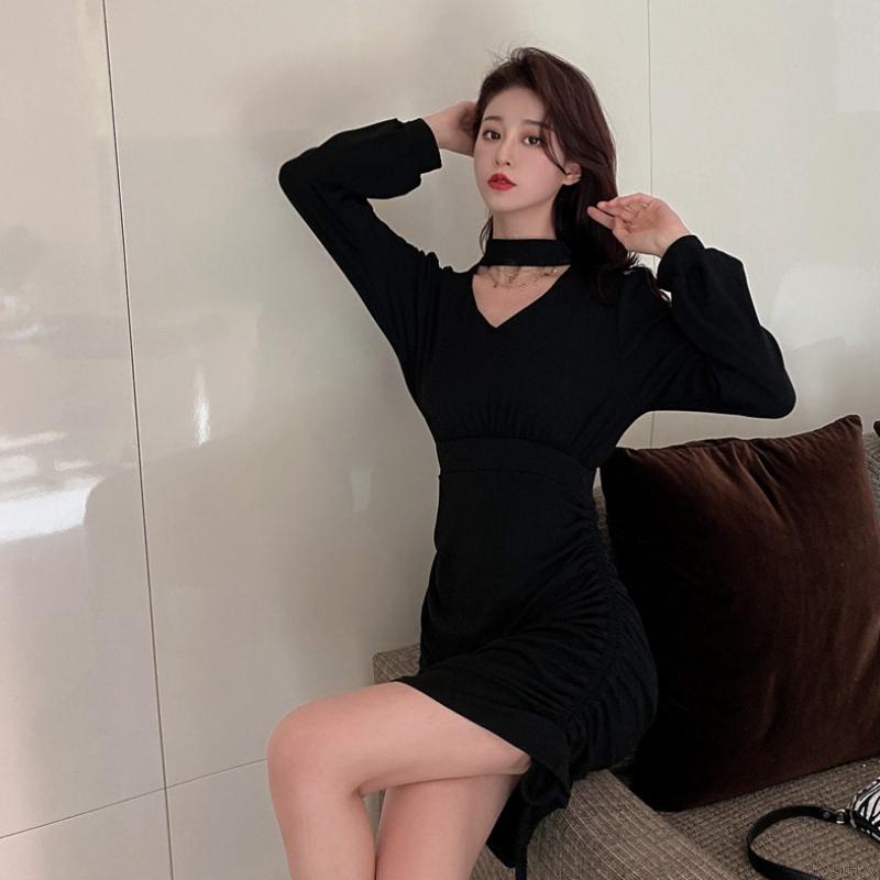 Đầm ôm tay dài màu sắc cổ điển phong cách thời trang Hàn Quốc cho nữ