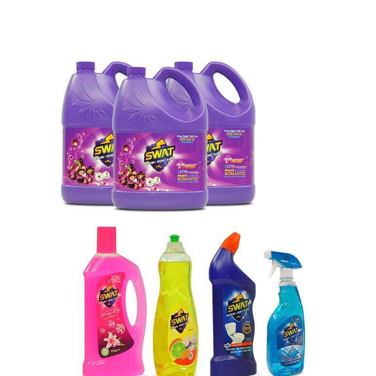 COMBO 3 Chai Nước giặt xả 5 in 1 SWAT 3.8kg + 1 Lau sàn + 1 Tẩy toilet + 1 Rửa chén + 1 Lau kính