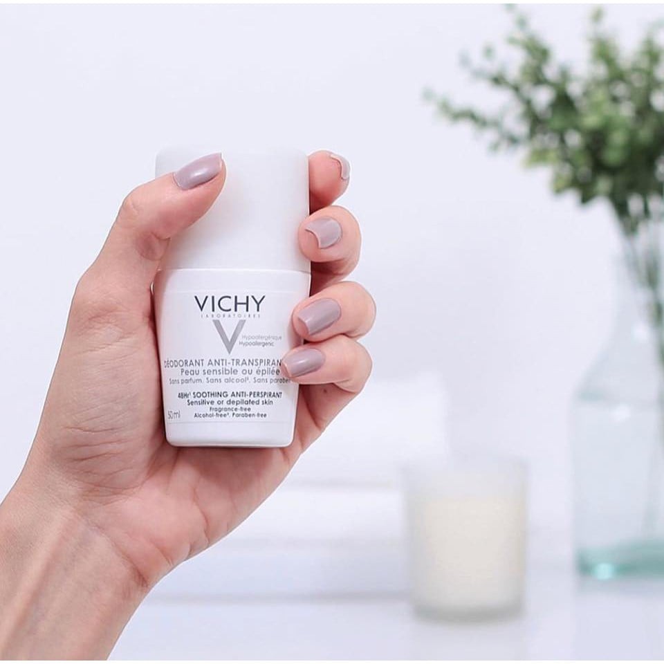 Lăn khử mùi Vichy 48H nắp trắng dành cho da nhạy cảm 50ml, ngăn mồ hôi hiệu quả, không gây ố vàng áo