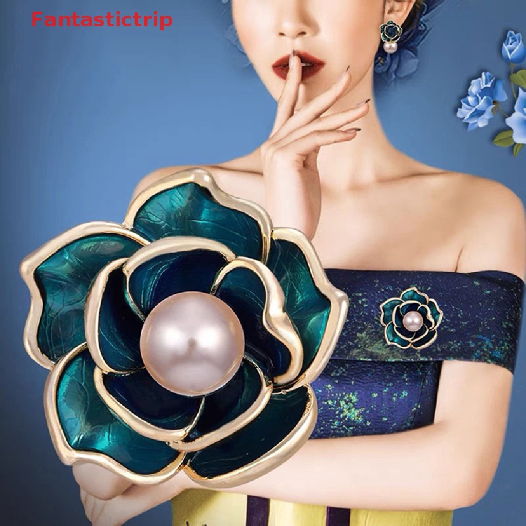 [Fantastictrip] Ghim Cài Áo Hình Hoa Trà Đính Kim Cương Giả Màu Xanh Dương Tráng Men Thanh Lịch Cho Nữ Mới