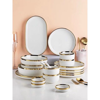 (hàng có sẵn )bộ chén bát đĩa ăn 32 chi tiết trắng viền vàng cao cấp
