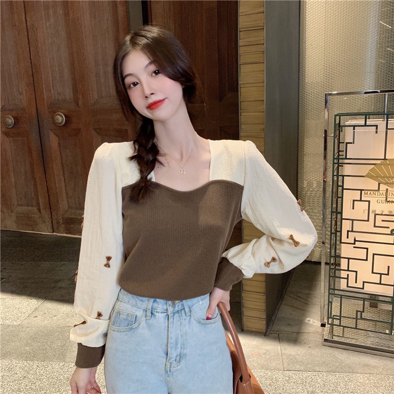 Áo kiểu tay dài cổ vuông thiết kế mới thời trang theo phong cách pháp dành cho nữ