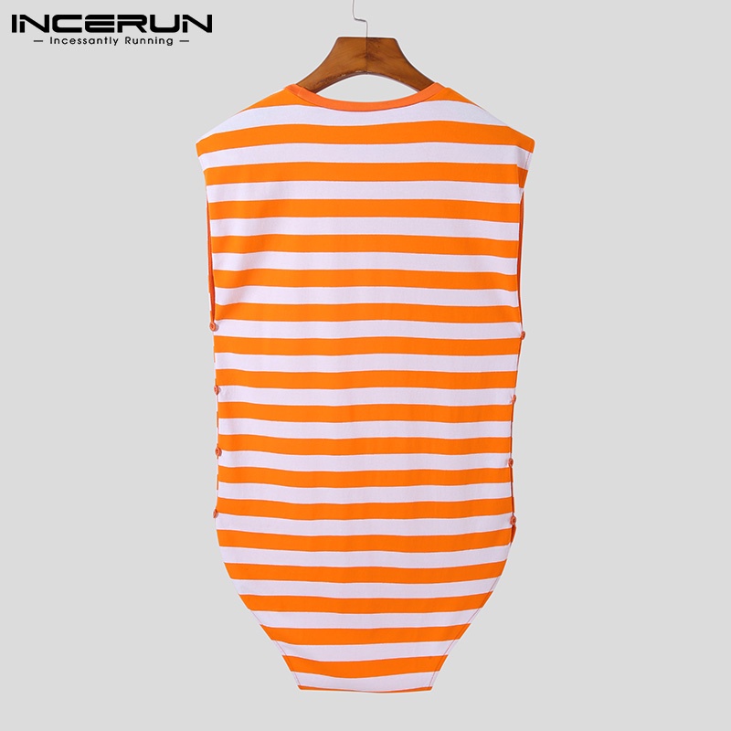 Áo liền quần INCERUN sát nách cổ tròn kẻ sọc xẻ tà bên hông gợi cảm cho nam