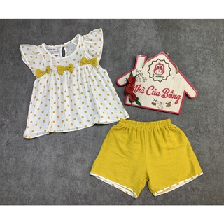 Nhà của bống - bộ tơ sọc bé gái phối áo kiểu chấm bi đính 3 nơ size 10,5 - 38 kg