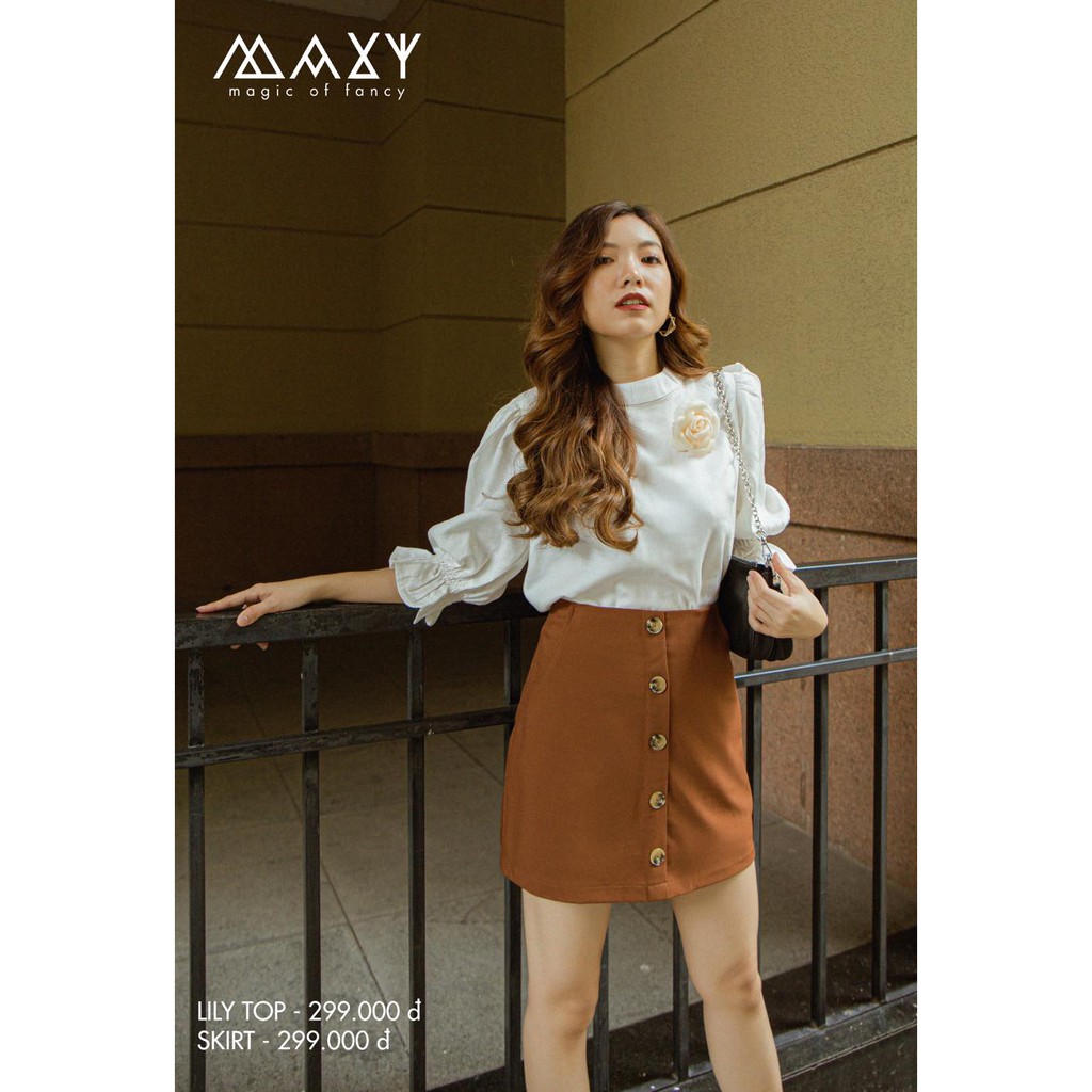 Quần váy màu nâu nút dọc browny button skirt Maxy Workshop