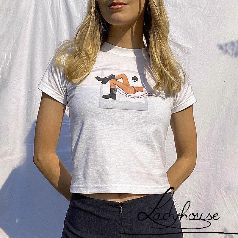 Áo Thun Crop Top Tay Ngắn Cổ Tròn In Họa Tiết Thời Trang Cho Nữ