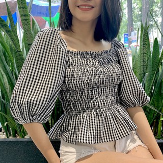 Áo caro tay phồng nhún thân kamong a096