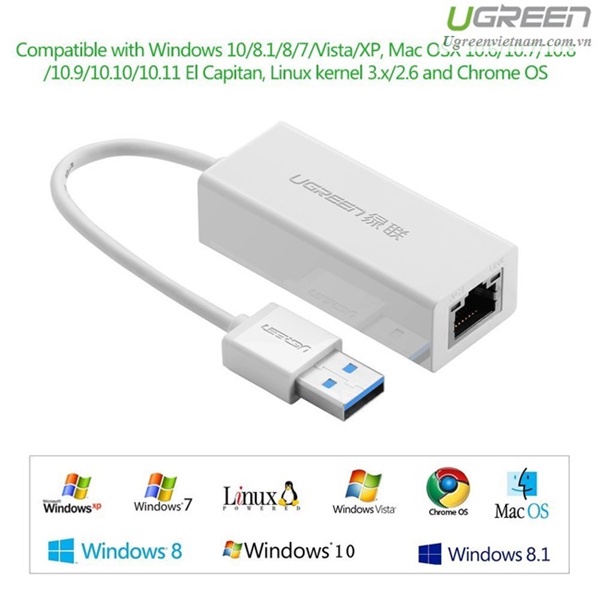 Cáp chuyển USB 3.0 to Lan hỗ trợ 10/100/1000 Mbps chính hãng Ugreen 20255