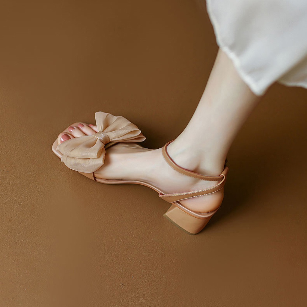 Giày sandal nữ DILY mũi vuông gót vuông quai phối nơ organza cao 5cm_AA0340