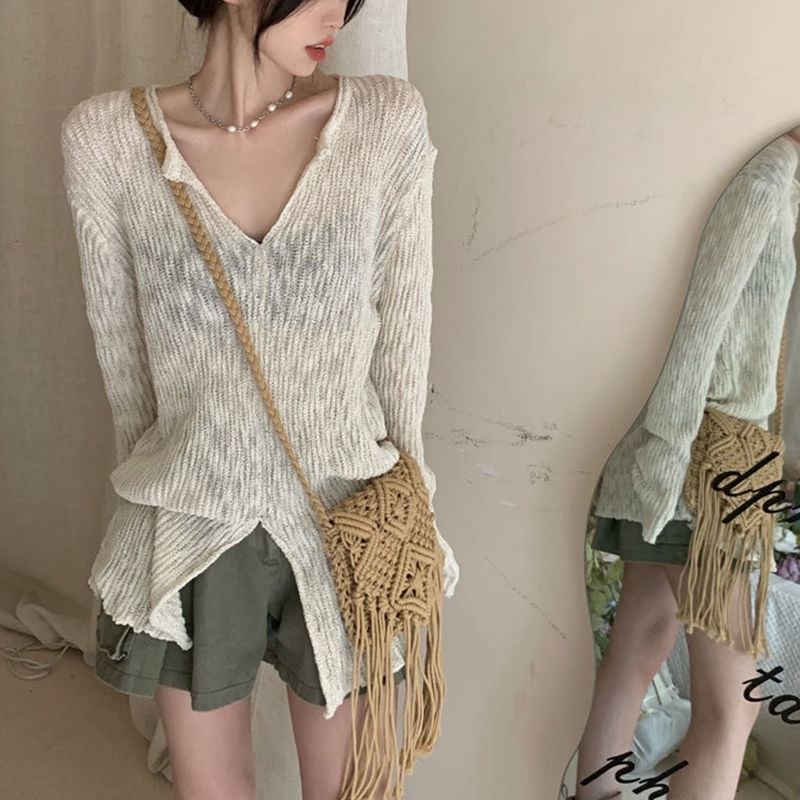 COZOKC COZOK Áo kiểu COZOK dệt kim tay dài dáng rộng thiết kế xẻ tà che nắng thời trang quyến rũ dành cho nữ