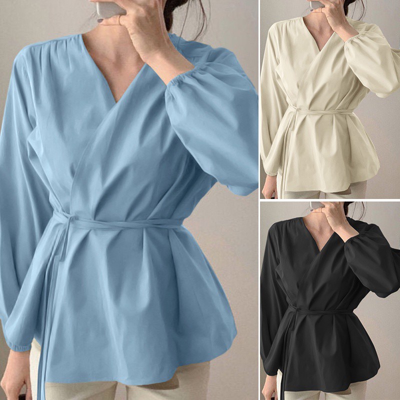 Áo kiểu Celmia tay dài cổ chữ V viền xếp ly cỡ lớn thời trang cho nữ | BigBuy360 - bigbuy360.vn