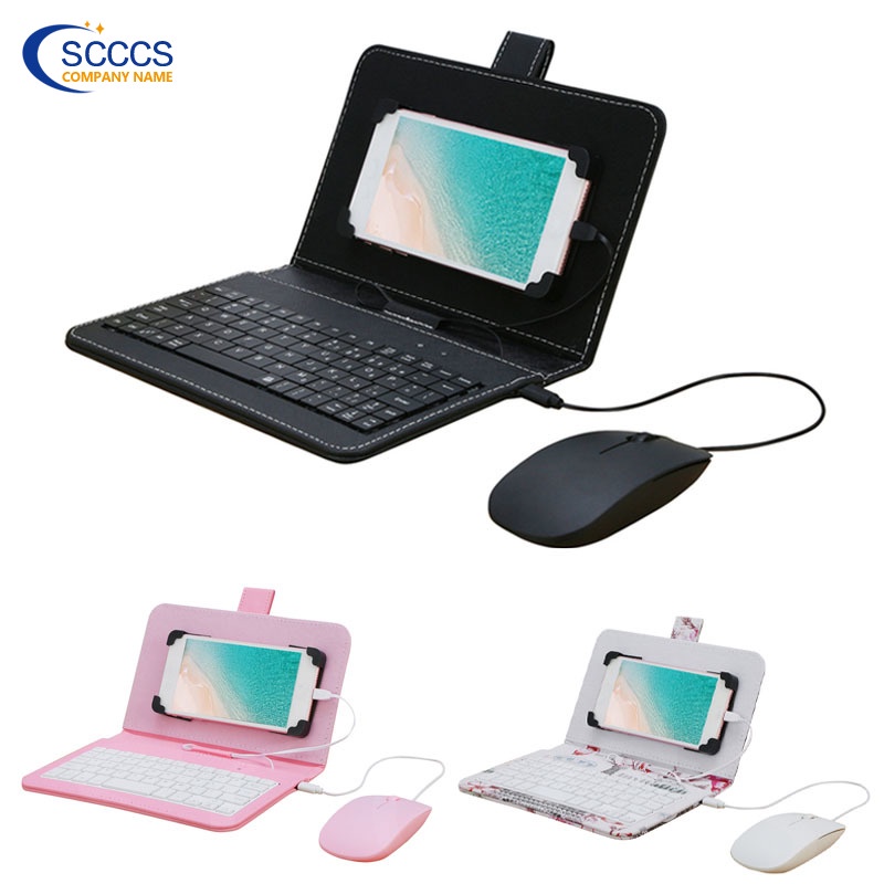 Bộ bàn phím và chuột có dây Type-C/Micro-Usb nhỏ gọn kèm bao da cho máy tính bảng/điện thoại di động