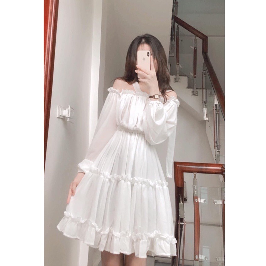 Váy trắng trễ vai voan tầng dáng xòe thắt nơ cổ siêu xinh - Đầm trắng tiểu thư trễ vai 3 tầng dự tiệc