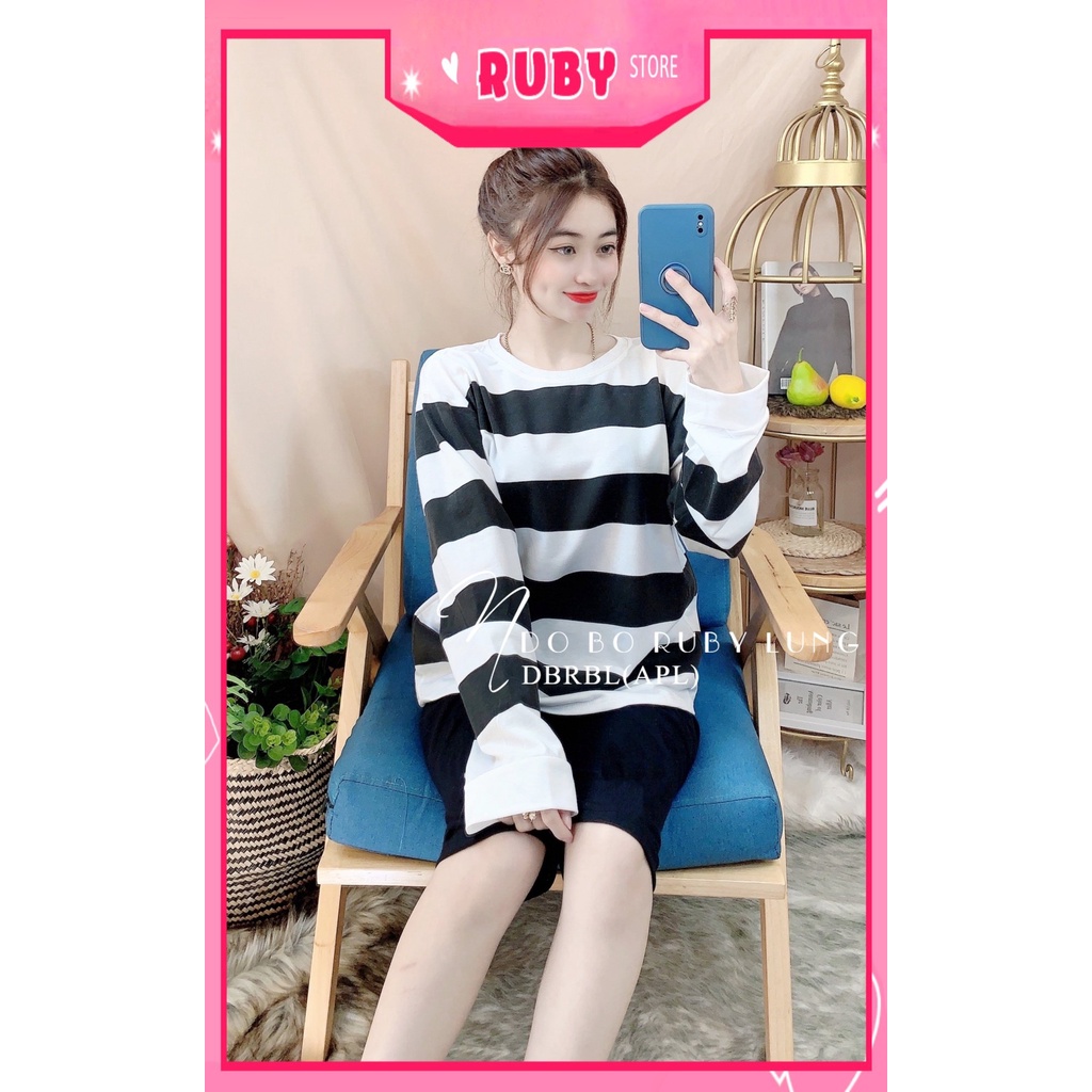 Đồ bộ thun lửng tay dài phối sọc dễ thương chất thun mềm mát DBRBLCT
