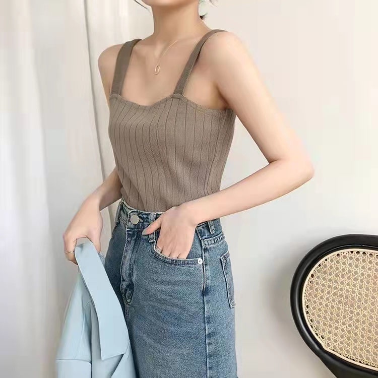 Áo hai dây dệt kim RENJIANVSHENG màu trơn họa tiết kẻ sọc đơn giản dễ thương