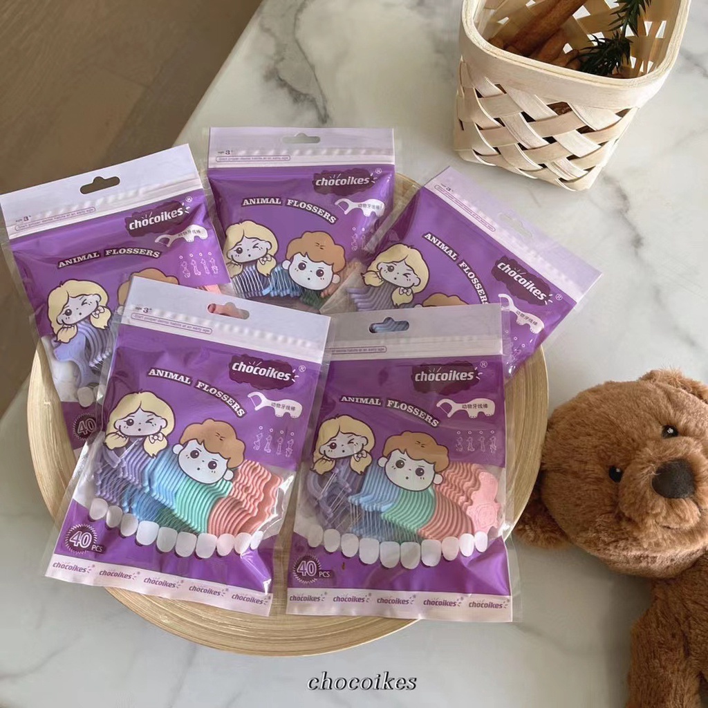 Sét 40 tăm chỉ nha khoa hình thú chăm sóc răng miệng cho trẻ em, học sinh, người lớn