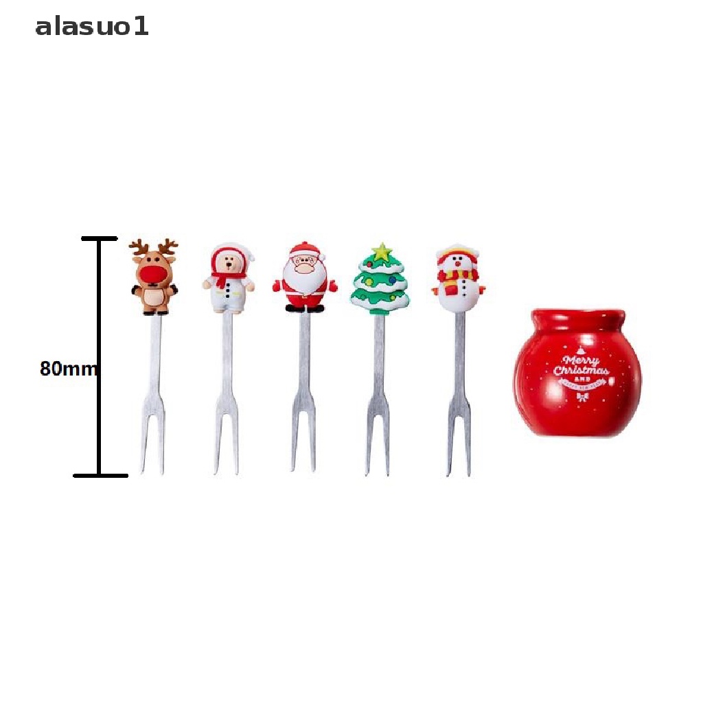 Bộ 5 Nĩa Ăn Trái Cây / Salad Hình Ông Già Noel Hoạt Hình Bằng Thép Không Gỉ