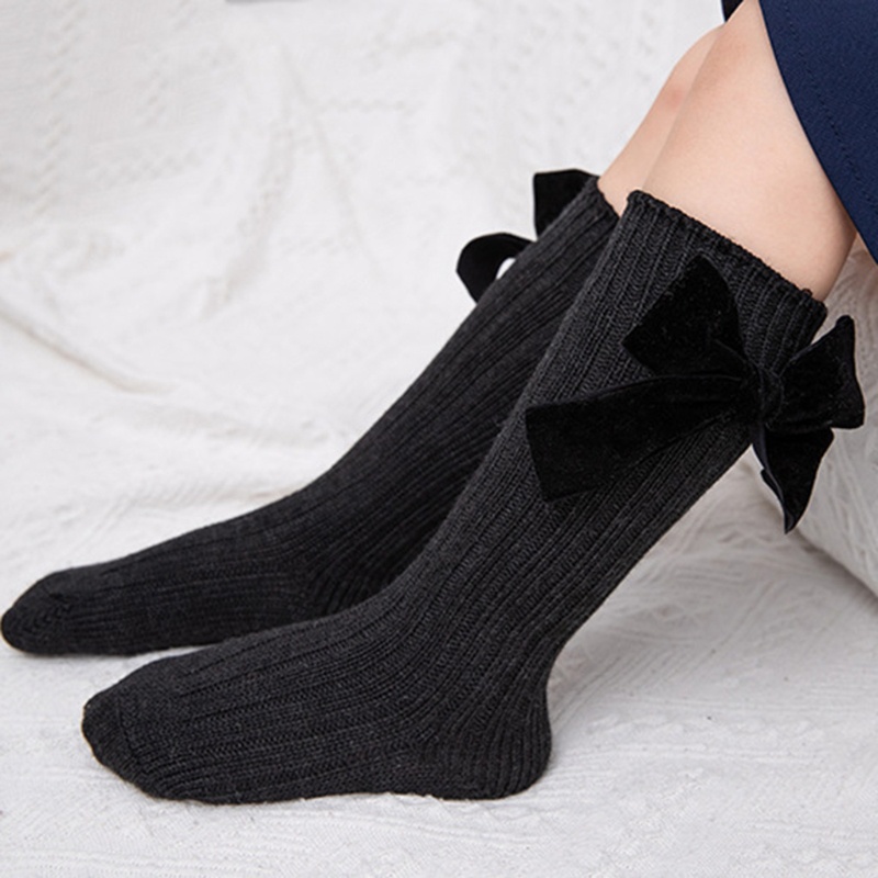 Vớ Cotton Nhung Dệt Kim Cao Tới Gối Màu Trơn Đính Nơ Dễ Thương Cho Bé Gái Sơ Sinh