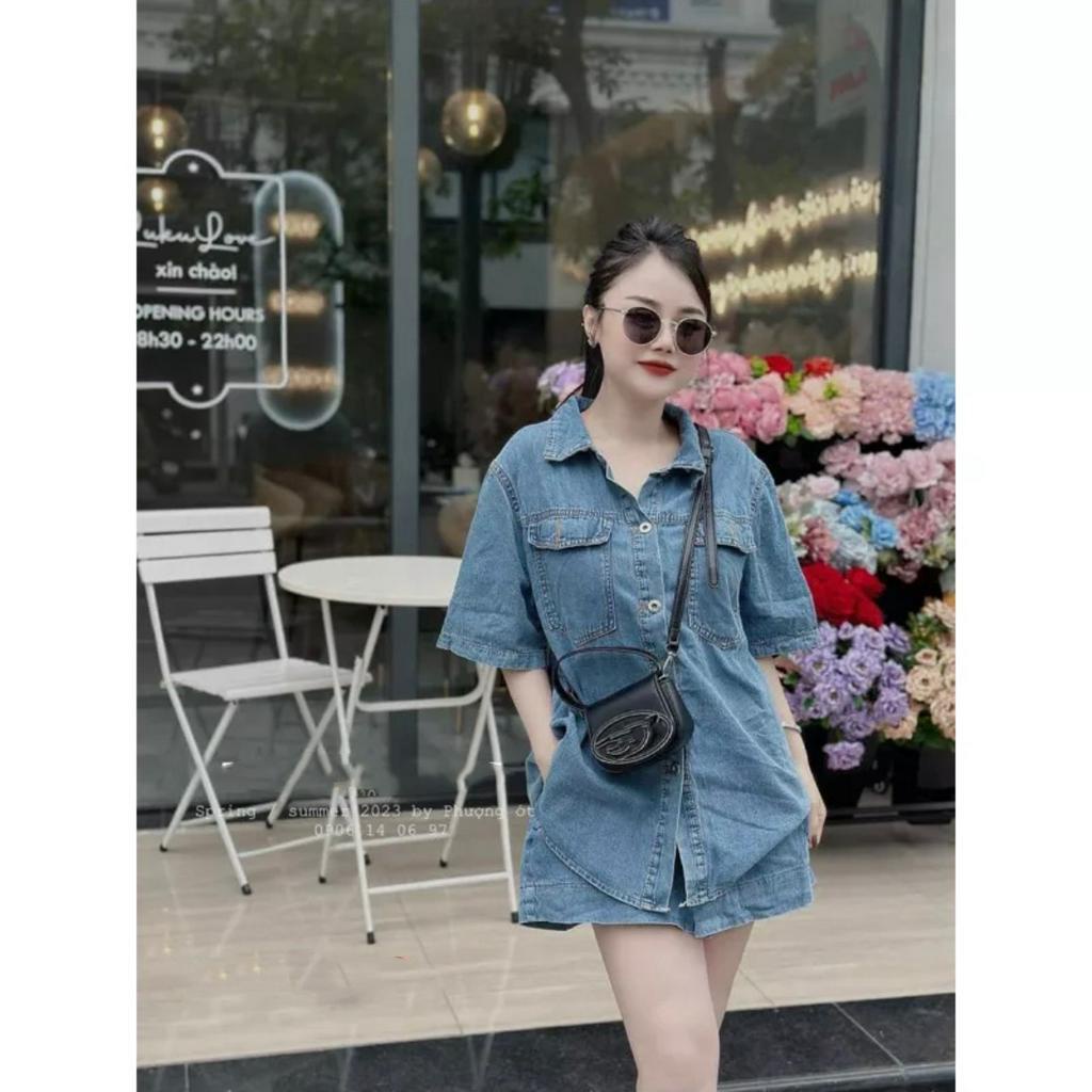 Set Bộ Quần Áo Jean Áo Sơ Mi Ngắn Tay Phối Nắp Túi Kèm Quần Short Cạp Chun Thời Trang Sugal QA NU 032