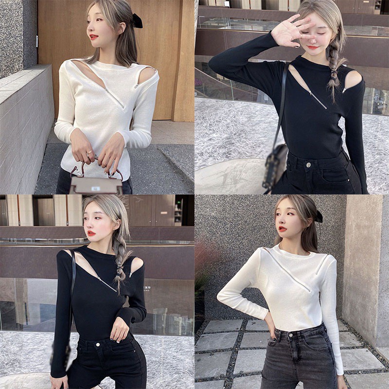 Áo Croptop Tay Dài Phối Khoá Kéo Thiết Kế Ôm Sát Tôn Dáng
