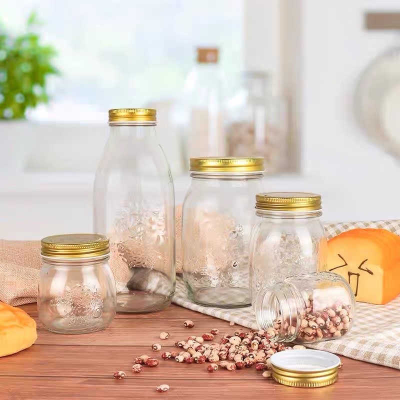 Hũ thủy tinh hoa rơi nắp vàng đựng gia vị thực phẩm