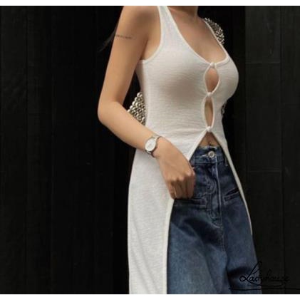 LD-Women Summer Sleeveless Vest, Solid Color U-Neck Front Hollow Out Slit Hem Slim Fit Mid-Length Tank Tops